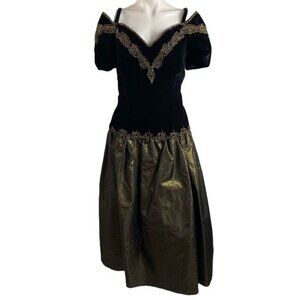 Vintage Cachet Bari Protas Prom Dress Black Velvet Gold Shimmery Evening Gown US